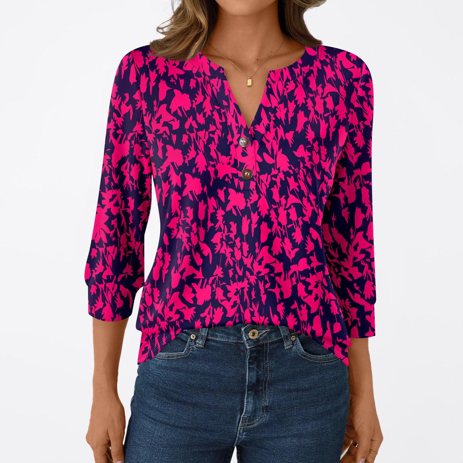 

Женская модная повседневная футболка с рукавом 3/4, с принтами, V-образным вырезом и пуговицами S