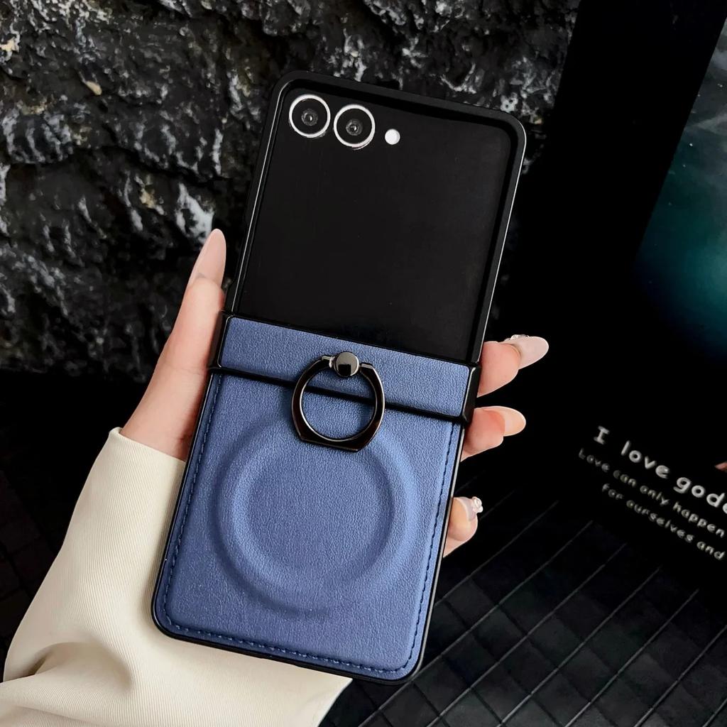 Luxusní Business Sle Hladký Kožený Magnetický Magsafe Kryt na Telefon pro Samsung Z Flip 7 6 5 4 3 Ochranný Kryt s Kruhovým Stojanem