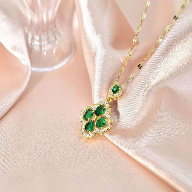 Wind Slightly Inlaid Jade Four-Leaf Flower Necklace Light Luxury Simple High Sense Women'S Titanium Steel Clavicle Chain Accessories