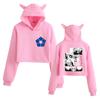 Niche Blue Cat Ear Cropped Hoodie - Women's European & American Style, Loose Fit, Plus Velvet