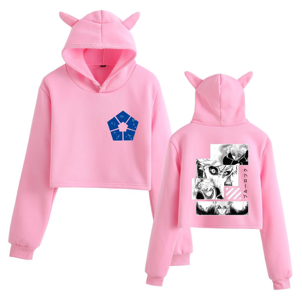Niche Blue Cat Ear Cropped Hoodie - Women's European & American Style, Loose Fit, Plus Velvet