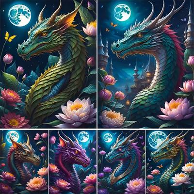 Dragon and Flower 5D Full Round Diamond Painting Kits Zen Art Buddhist Sculpture DIY Drills Mosaic Embroidery Cross-stitch J3946
