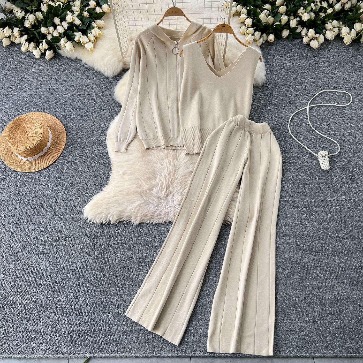 

Корейский простой стиль костюмы женские толстовки с капюшоном на молнии пальто + безрукавка майка + высокая талия длинные брюки для пожилых людей вязание комплект из 3 предметов One Size абрикосовый