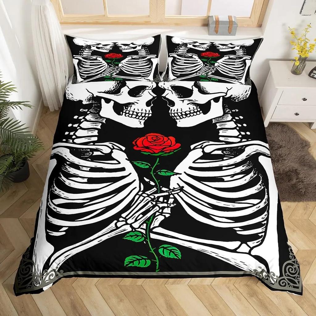 Sugar Skull Lover Bed Cover King Size Kissing Couple Skeleton Sleep Bedding Collection Red Rose Comforter Cover Death and Love Theme Quilt Cover