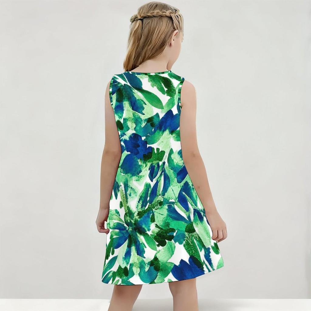 Girls Round Neck Sleeveless Tropical Leaf Printed A Line Flared Dress
