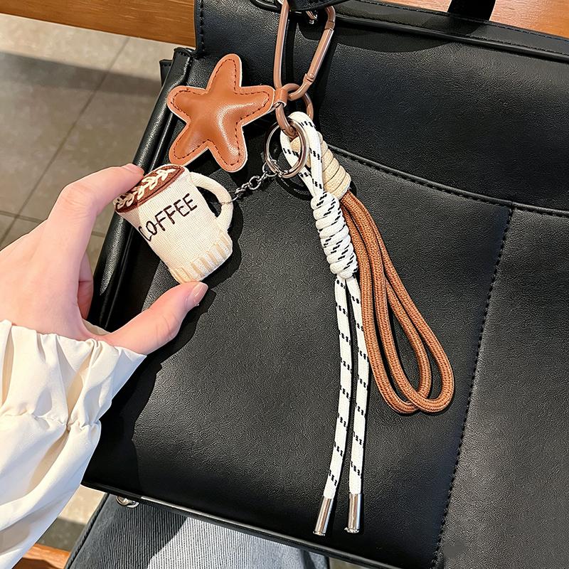 Yogodlns Cute Cartoon Coffee Cup Keychain Fashion Handbag Pendant with DIY Woven Rope Mobile Phone Car Key Design Creative Gift