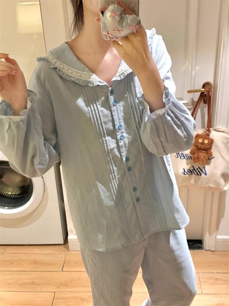 Spring & Autumn Navy-Style Collar Soft Cotton Pajama Set with Lace