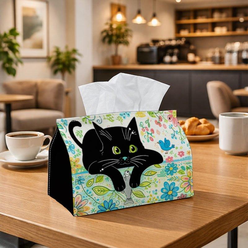 1pc Folk Art Animal Tissue Holder Multifunctional, Black Cat Floral Ideal for Home, Parties, And Vehicle Decoration. This Decorative Tissue Paper Orga