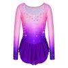 Kinder U-Rücken Langarm Glitzer-Leotard mit Farbverlauf und Rüschen-Schößchen für Rhythmische Gymnastik Tanzwettbewerb Bühne