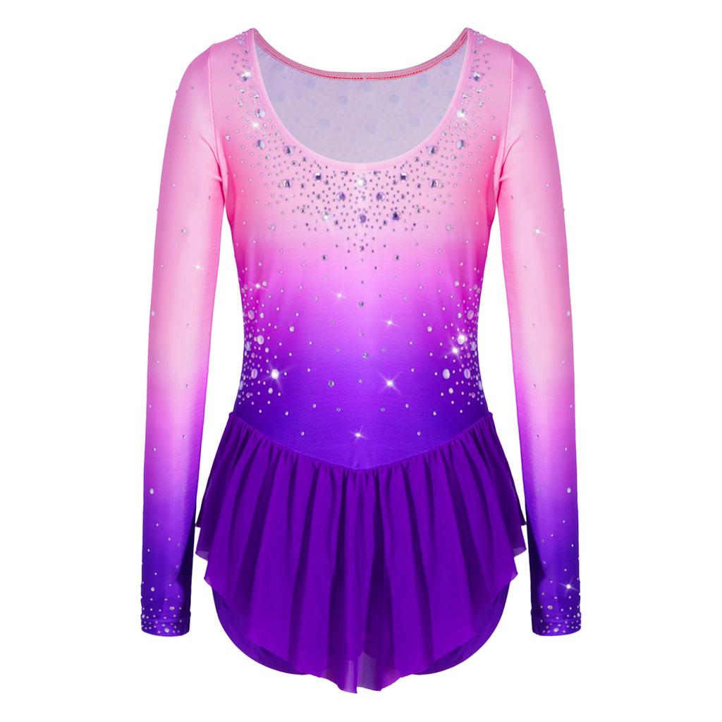 Kinder U-Rücken Langarm Glitzer-Leotard mit Farbverlauf und Rüschen-Schößchen für Rhythmische Gymnastik Tanzwettbewerb Bühne