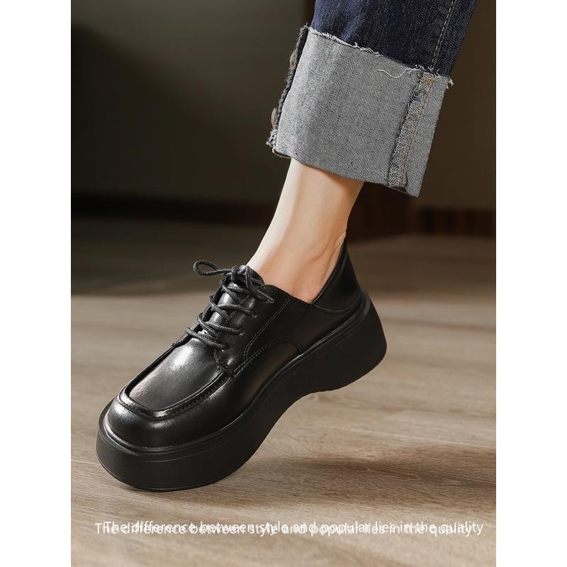 2025 autumn and winter big round head muffin sole single shoes leather lace-up black college style poetry small leather shoes women