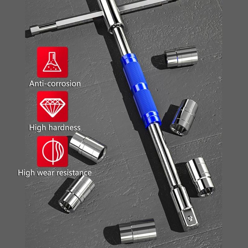 Rotating T Handle Wrenches with Sliding Levers and Interchangeable Heads for 1/2 3/8 1/4 Socket Solid High Carbon Steel