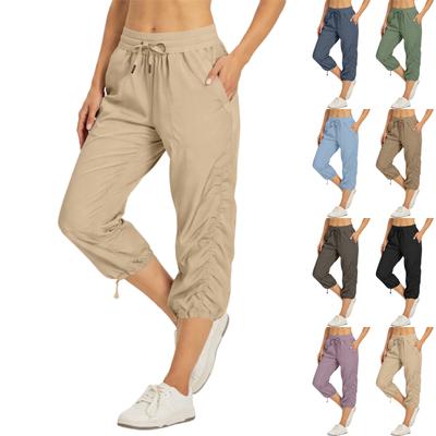Women Drawstring Waist Cropped Pants Lightweight Fabric Ruched Hem Loose Fit Capris with Pockets for Everyday Wear