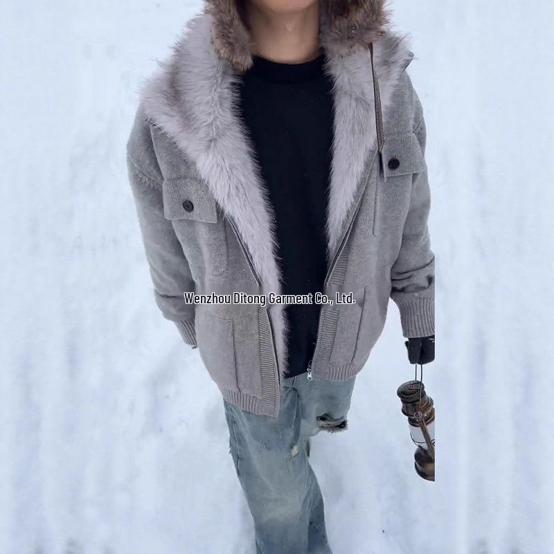 

Men s Winter Fur Collar Sweater Jacket - Thick, Knit, Warm Cotton with Plus Velvet XXL сірий колір