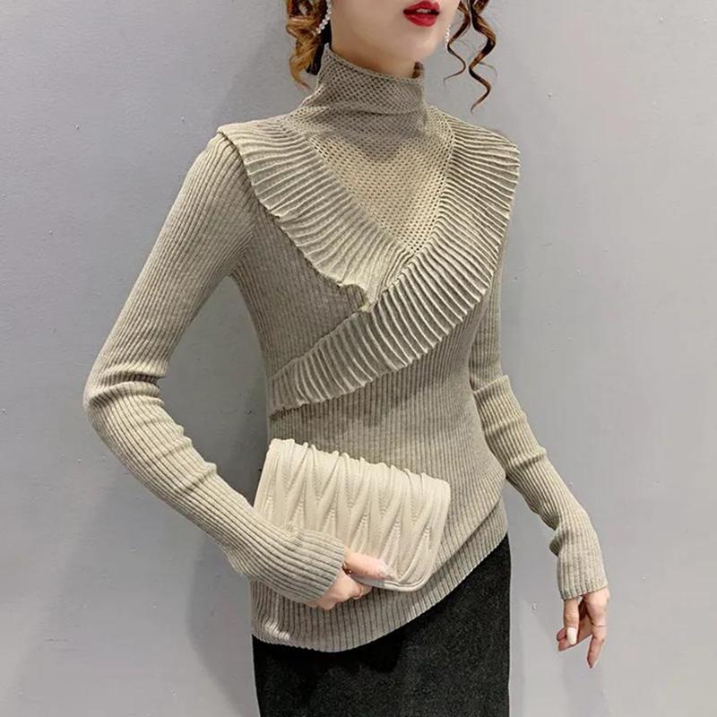 Potargany sweter z półgolfem damski jesienno-zimowa odzież koronkowy styl samo-uprawa Hollow dzianina najniższa koszula Top