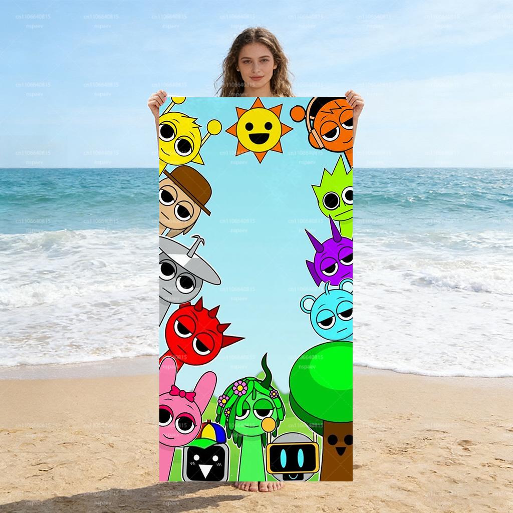 1PC SS-Sprunki Incredibox Beach Towel, Colorful Cartoon Character Bath Towel, Soft Microfiber Pool Towel for Kids & Fans, Summer W30*H60(CM)