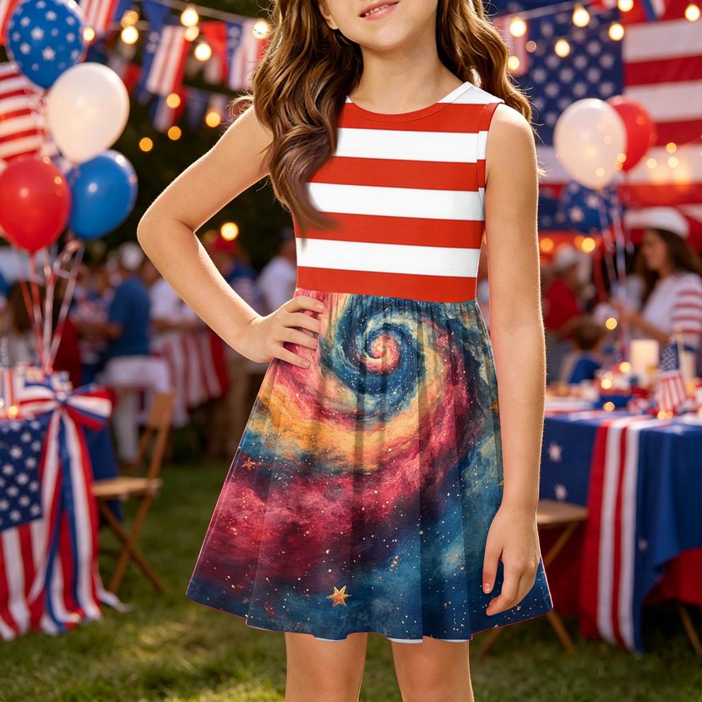 Girls' Summer Princess Dress - A-Line Vest Splice Dress Independence Day