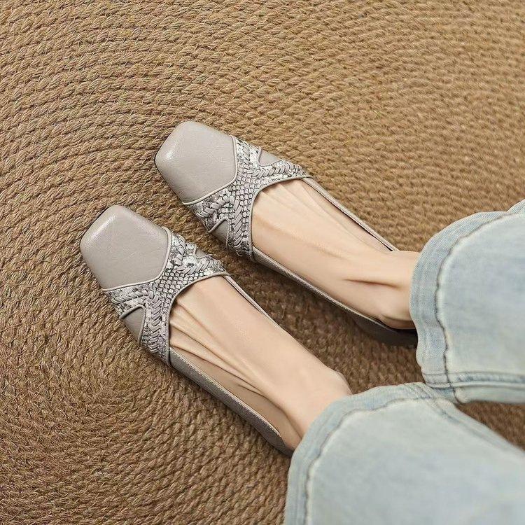French Soft Leather Light Mouth Single Shoes Spring New Niche Snake Pattern Square Head Thick Heel Small Leather Shoes