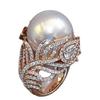 Europe, America, hot-selling new imitation pearl ring feather inlaid zircon ring European beautiful women jewelry