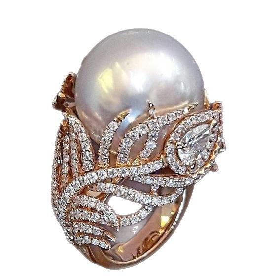 Europe, America, hot-selling new imitation pearl ring feather inlaid zircon ring European beautiful women jewelry