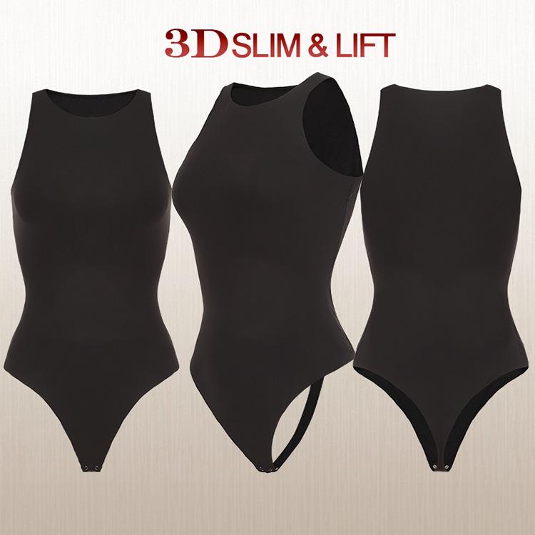 Kardashian Style Double-Layer High-Elastic Tummy-Control Bodysuit with Round Neck