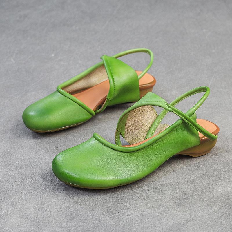 Johnature Genuine Leather Round Toe Comfortable Low Heel Sandals Casual Versatile Women's Shoes