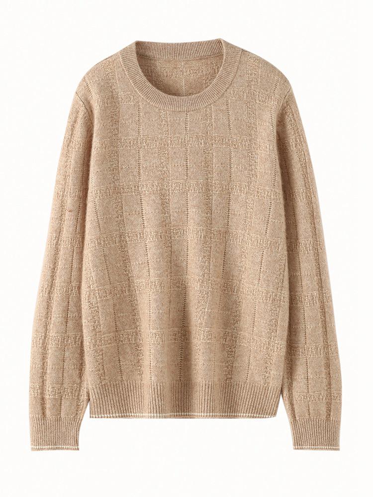 Women's Textured Cashmere Crew Neck Long-Sleeve Pullover Top for Autumn/Winter