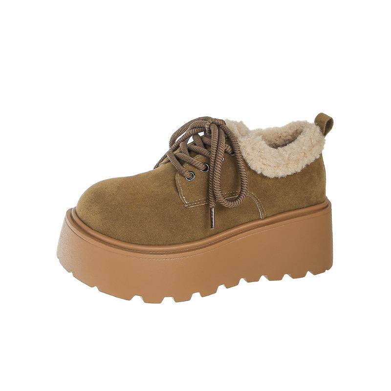 

Модные меховые женские зимние ботильоны на платформе, замшевые, на среднем каблуке, хлопковые туфли Мэри Джейн, тренд 2025, на шнуровке, короткий плюш, зимние ботильоны для женщин 40 красно-коричневый