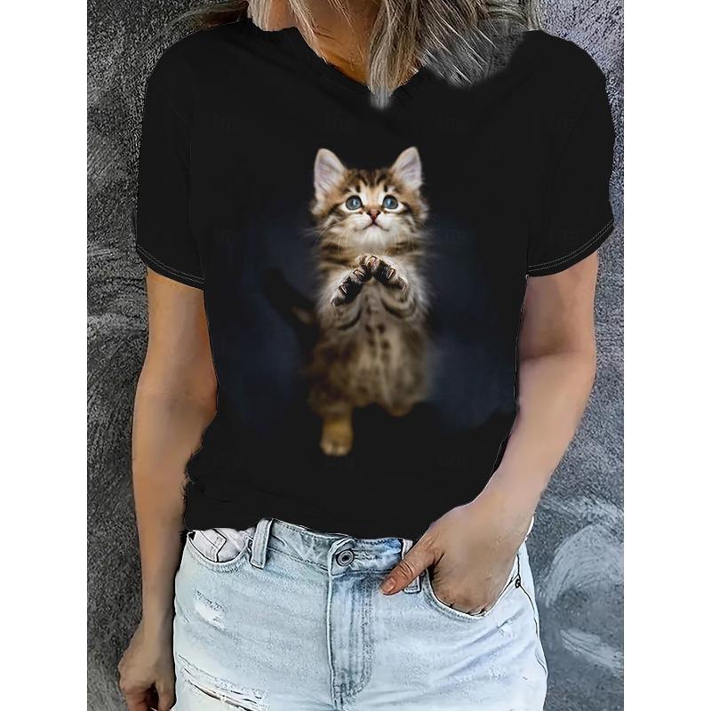 Summer Fashion Women's Animal T Shirt Stylish Kawaii Cat Printed Casual Short Sleeve Crew Neck Tees Round Neck Regular Tops