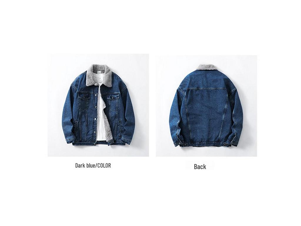 2025 Men's Autumn/Winter Denim Jacket with Faux Rabbit Fur Collar, Cotton Texture, Fleece-Lined, Washed Finish.