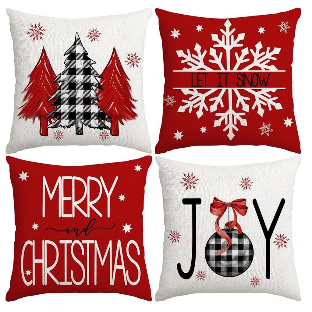 4Pcs Christmas Cushion Covers 16 Inch X 16 Inch Christmas Decorations Items Christmas Xmas Tree Snowflakes Print Throw Pillow Cover
