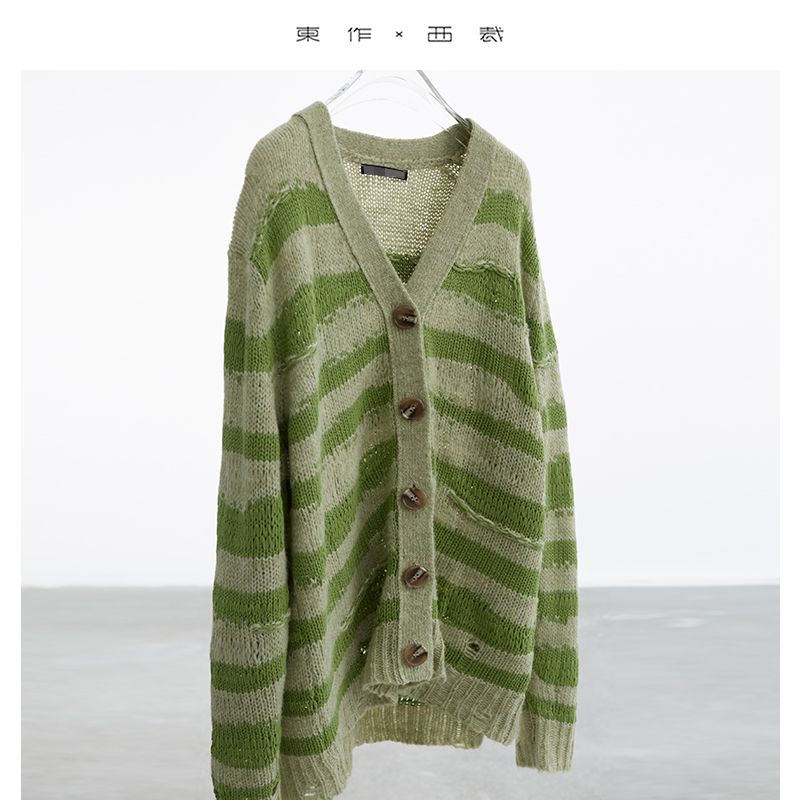 

Wow! Amazing by the Color ~ Asymmetrical Contrast Color Stripes V Neck Mohair Knitting Cardigan Female Heattech Sweater Green stripes 36 (S)