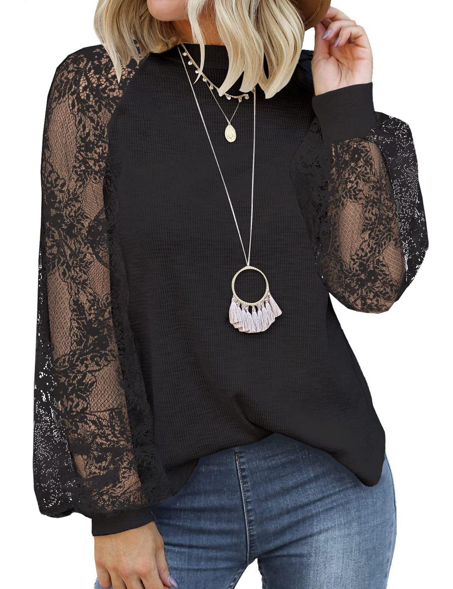 

European and American new women s long-sleeved lace casual loose T-shirt top women S чёрный