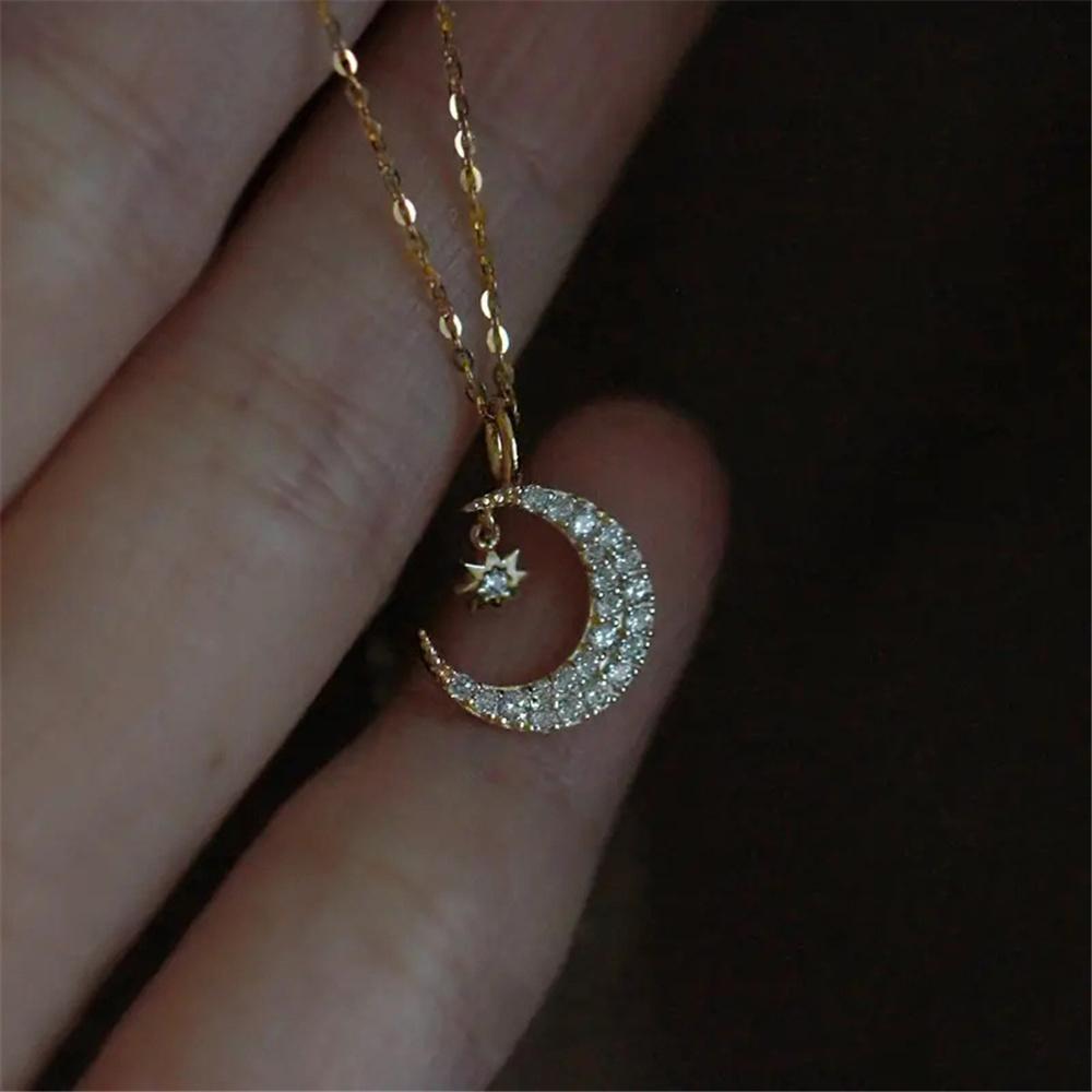 Cute Female Crystal White Zircon Stone Moon Star Pendant Necklace Vintage Gold Color Wedding Jewelry For Women
