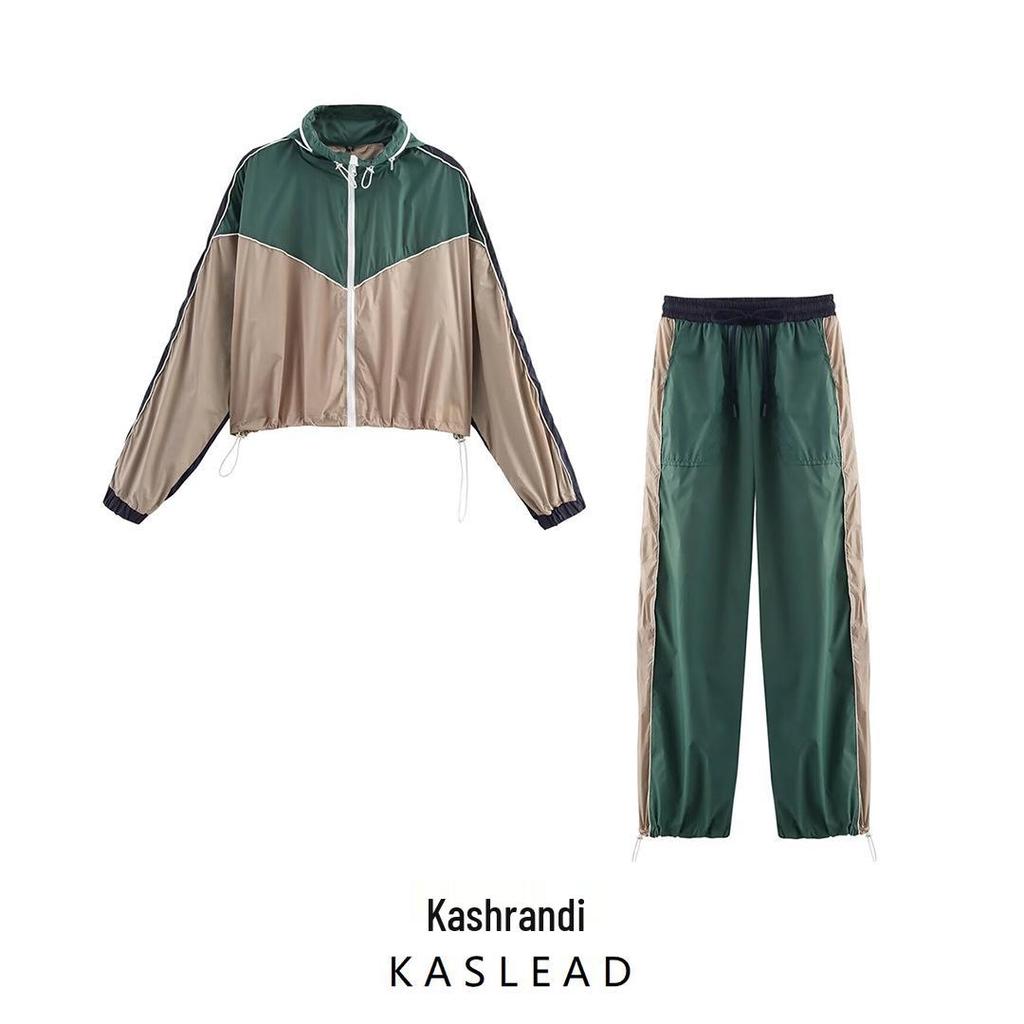 Spring 2025 Women's Color Block Trim Jacket & Long Pants Set - European & American Style Fashion