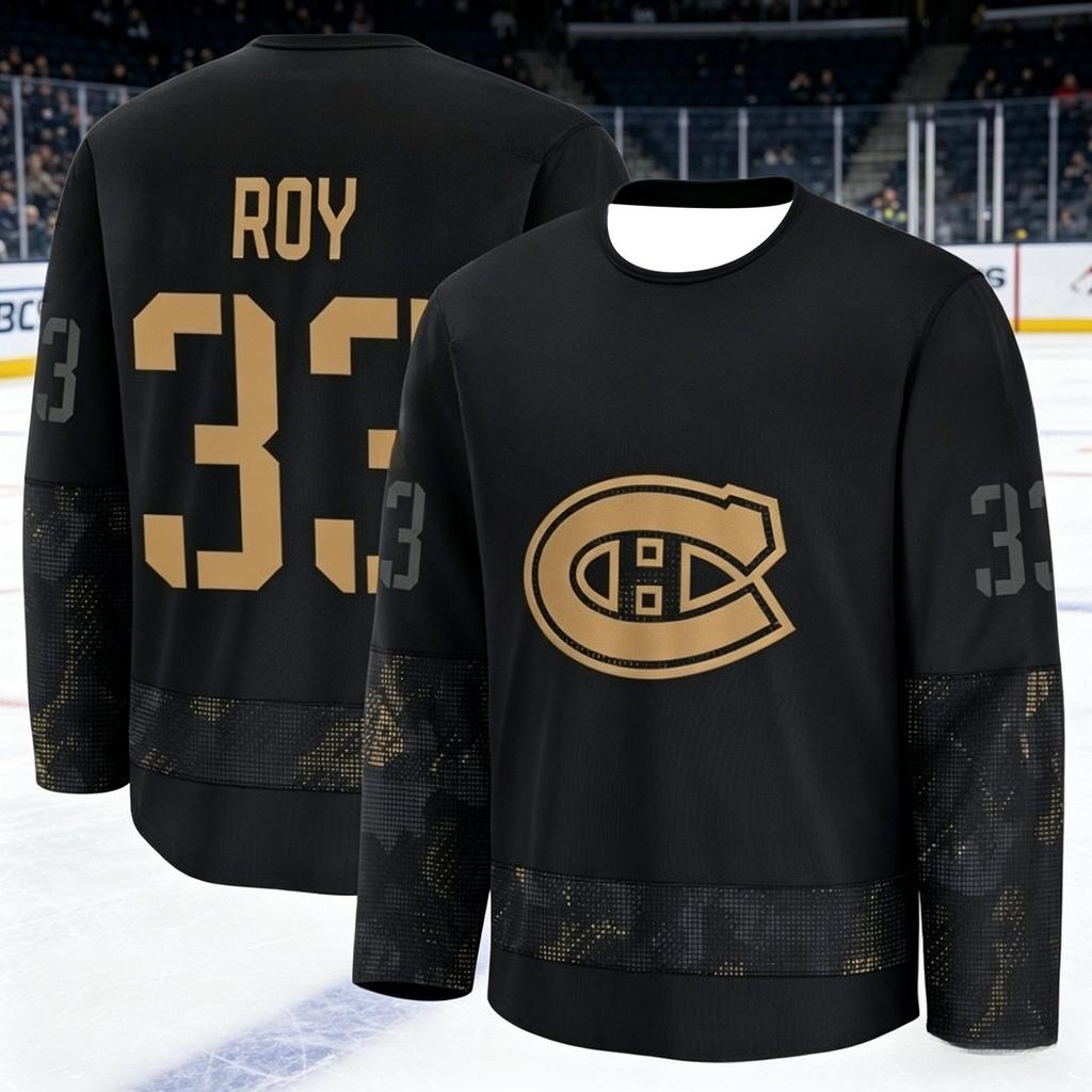 Tuta da Allenamento per Hockey su Ghiaccio Maschile Canadese - Traspirante, Asciugatura Rapida Versione Nera e Oro Manica Lunga Top Famiglia
