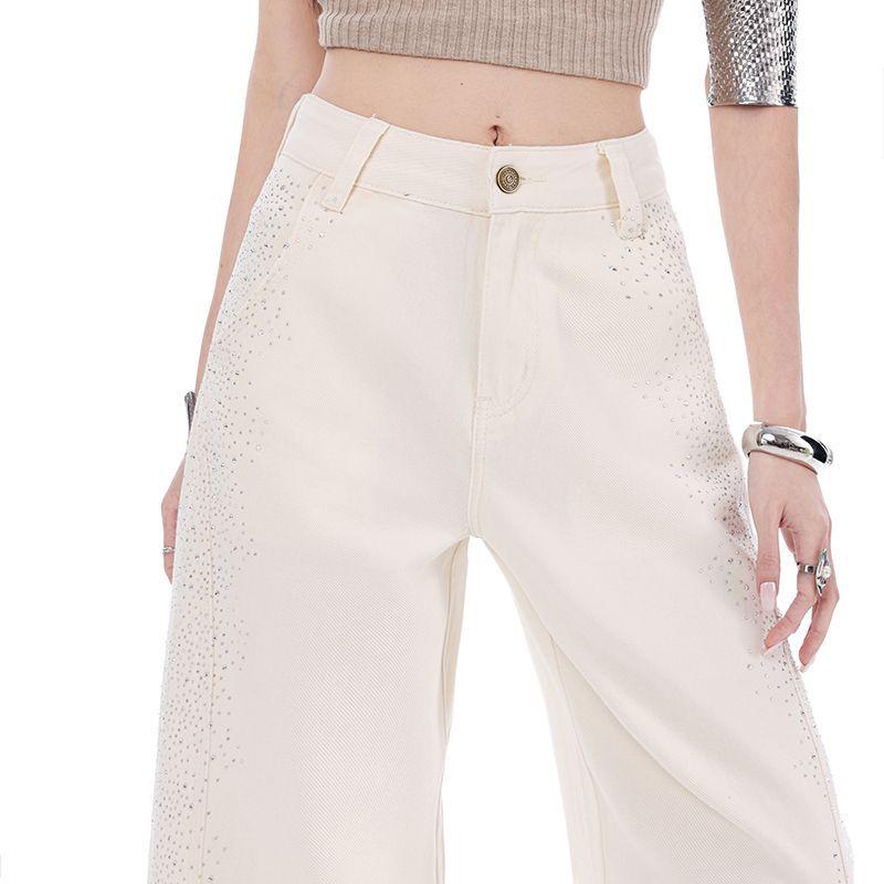 Early Spring Full Star Rhinestone Vintage Street High Waist Slim Fashion Saber Cut Denim Pants For Women Casual Pants Oversize Denim Trousers