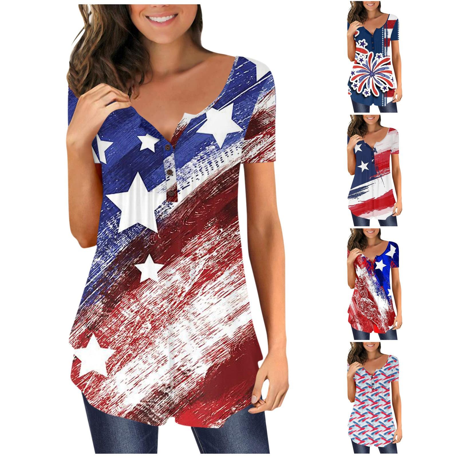 

Женская туника с коротким рукавом, свободные топы, повседневные топы больших размеров, плиссированная туника на пуговицах, повседневные летние топы с завязками и принтом ко Дню независимости для женщин