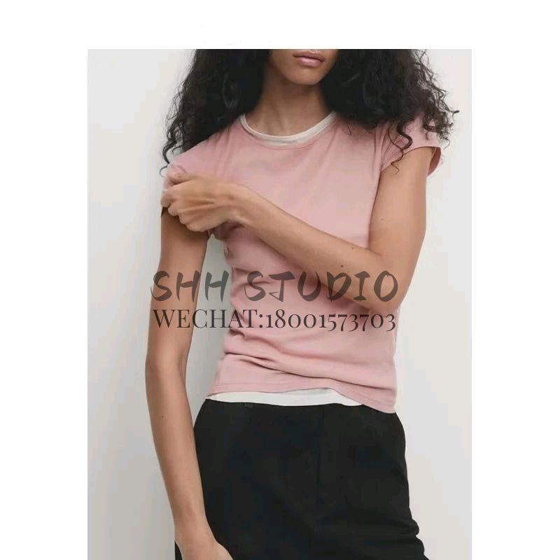 MD Spring New Temperament Wild Slim Fit Comfortable Plaid Cotton Rib round-Neck Short Sleeve T-shirt 6204511