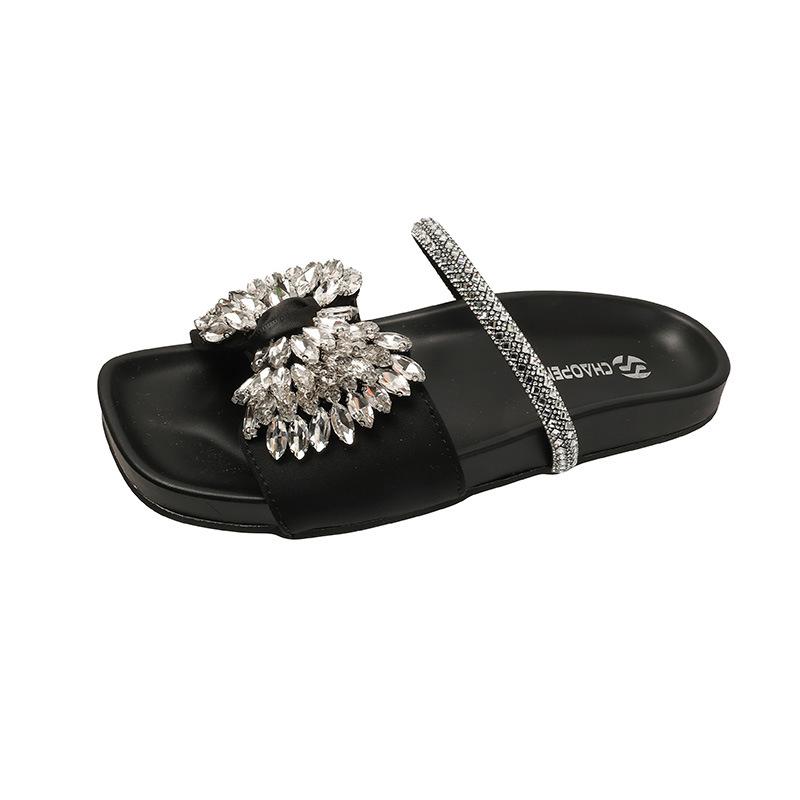 2025 New European Flat-bottomed Bow Rhinestone Slippers Women's Cross with Satin Open-toed Fashion Outer Slippers