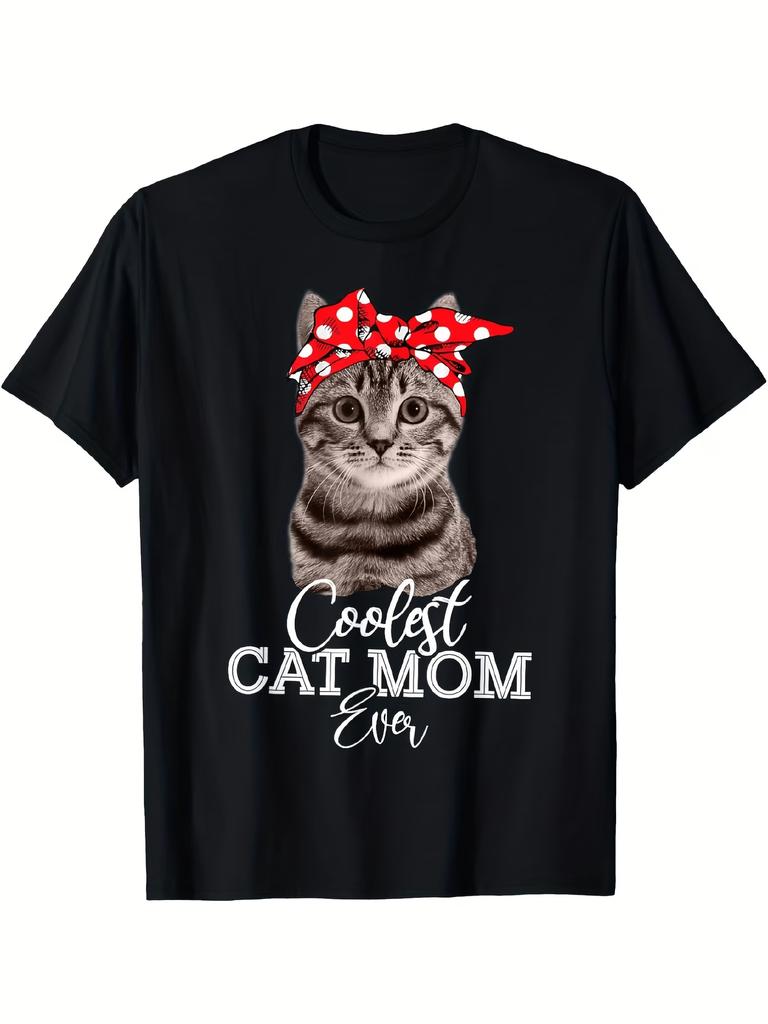 Cat Mom Graphic TShirt for Women Short Sleeve Round Neck Vintage Cat with Red Bow Hearts Machine Washable Casual Summer Top