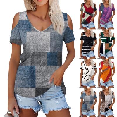 Ladies Summer Fashion Casual  Printed Strapless V-Neck Short Sleeve T-Shirt Top