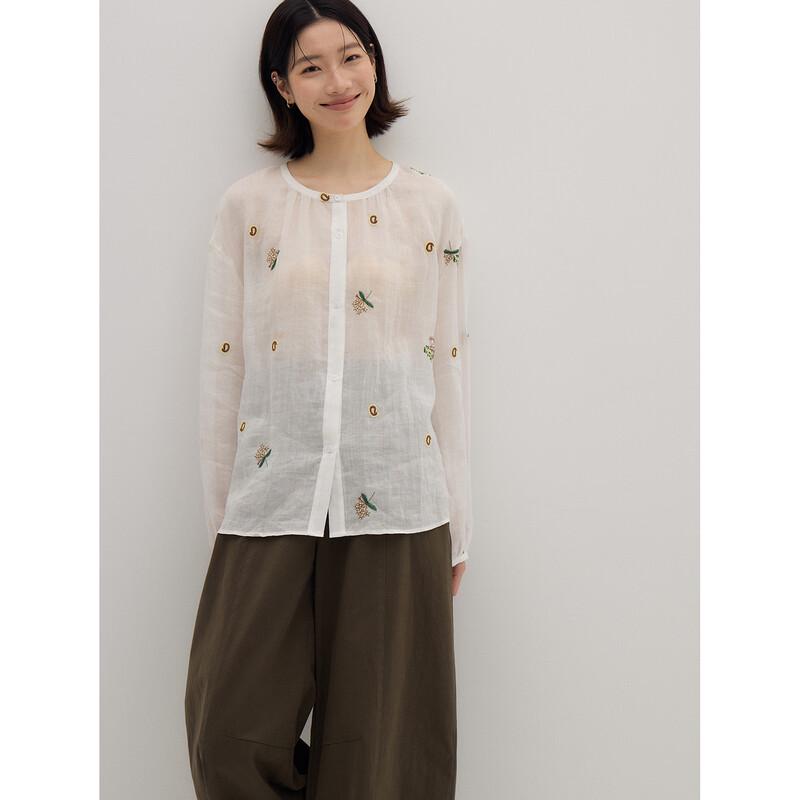 KOMPASU 100% Ramie Dandelion Embroidered Long Sleeve Blouse