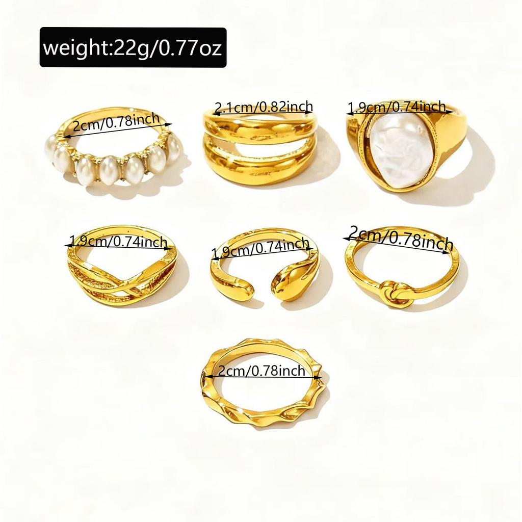 7 Pcs/Sets Trendy Geometric Imitation Pearl Hollowed-out Cuff Rings Set for Women Metallic Minimalism Fashion Niche Chic Ring