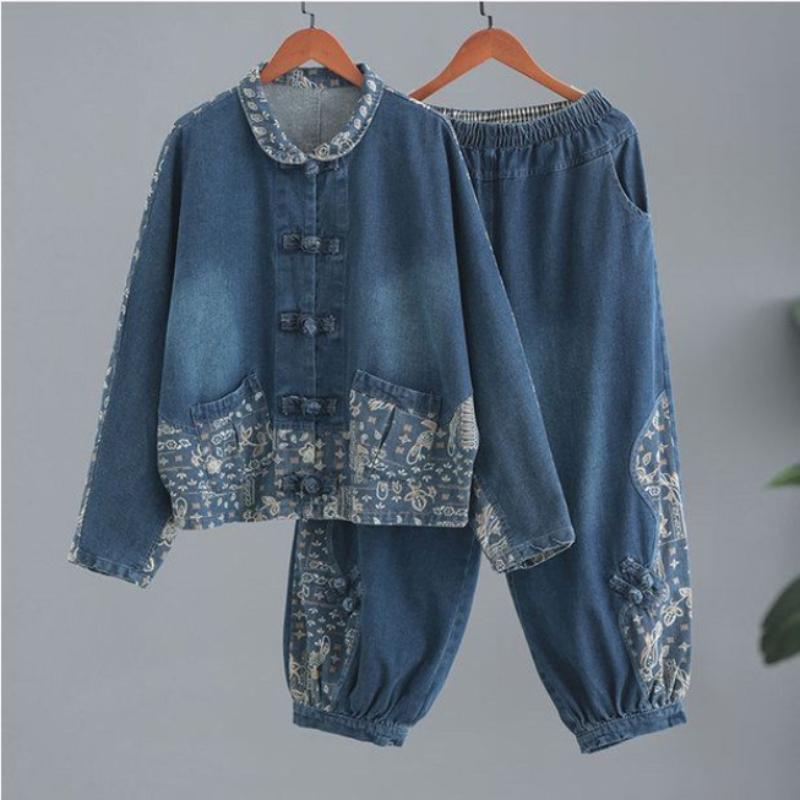 Ensemble Denim Grande Taille à Col Montant, Splicing Style Ethnique Femme, Ensemble Jean Deux Pièces Boucle Ample et Tendance