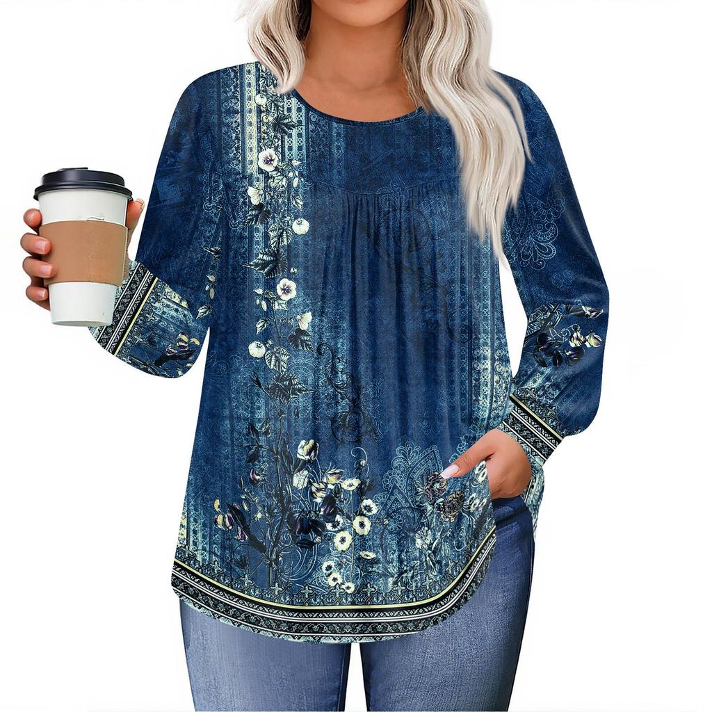 Dámské topy plus size košile s dlouhým rukávem kulatý výstřih splývavá tunika ležérní volná halenka L-5X