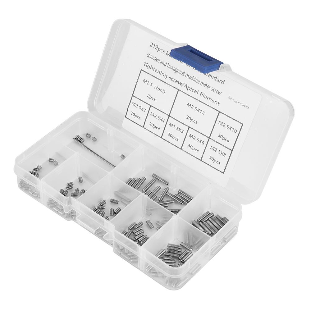 212Pcs Set Screws Stainless Steel M2.5 A2 DIN916 Inner Hex Concave End Tighten Fasteners
