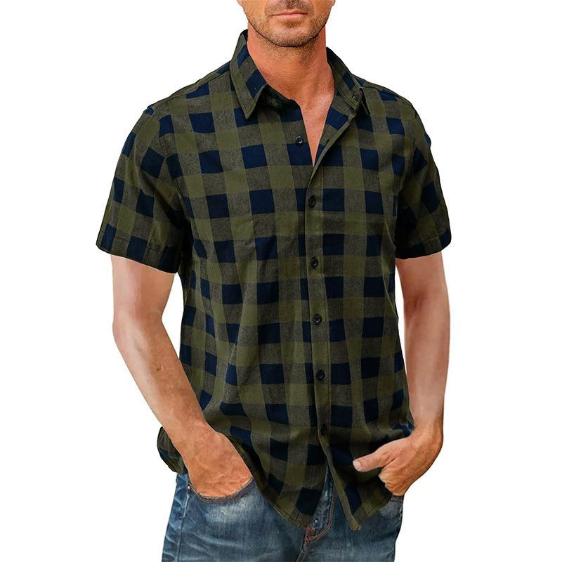 Men S Short Sleeve Plaid Cotton Casual Button Shirt S серый