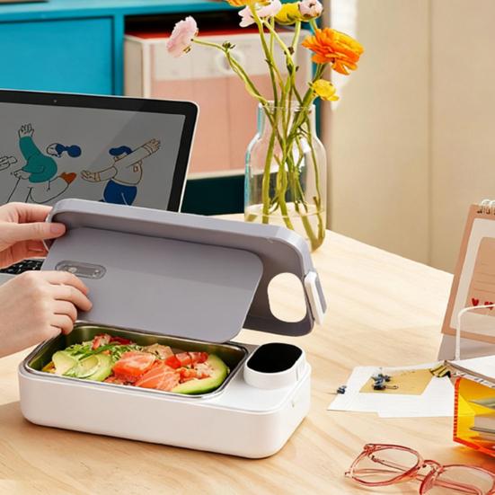 Heated Lunch Box 900ml Capacity 2-in-1 Stainless Steel Electric Warming Box Non-Stick Coating Portable Meal Container for Office Car Travel