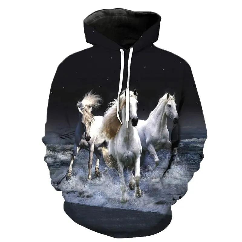 Autumn 3D Horse Pattern Printed Hoodies Fashionable Casual Sports Long Sleeved Men's Hooded Sweatshirts